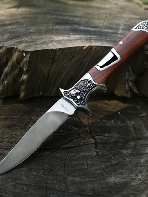 Folding hunting pocket knife with stainless steel blade and wooden handle