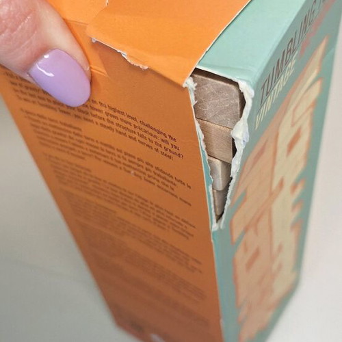 Tumbling Tower game used with torn packaging