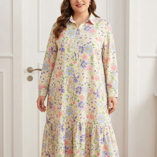 Plus size long floral shirt dress, XXL to 5XL