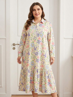 Plus size long floral shirt dress, XXL to 5XL
