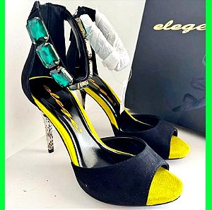 elege μαύρα γυναικεία παπούτσια Νο 38 πέδιλα με λεπτομέρειες χρώματα τακούνι λεοπάρ & δέσιμο πέτρες