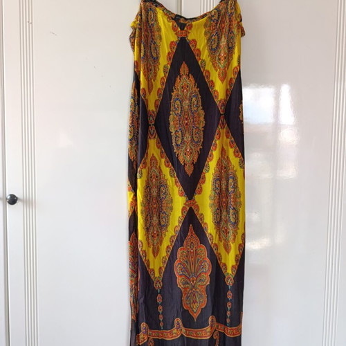Boho maxi dress with paisley pattern used, handmade, black and yellow