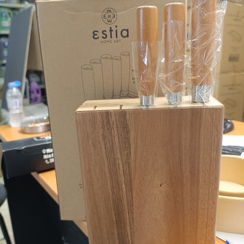 Knife block set with 5 knives, wood and stainless steel, new