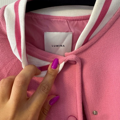 Lumina college jacket one size like new, white and pink