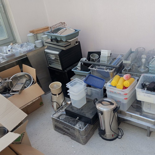 Professional kitchen equipment used, table and chairs