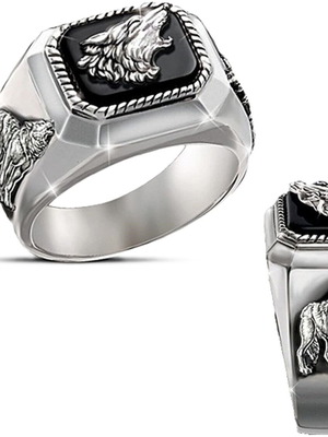 Men's ring with zircon and wolf new, silver and black