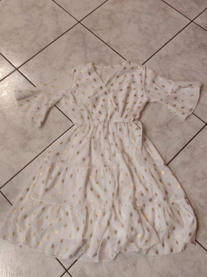 Dress with V neckline, like new, white with gold details