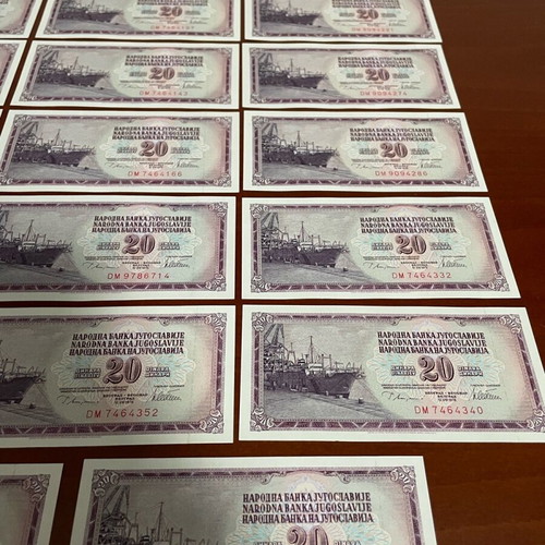Yugoslavia 20 Dinar Banknotes 1974 unc, lot of 20 pieces