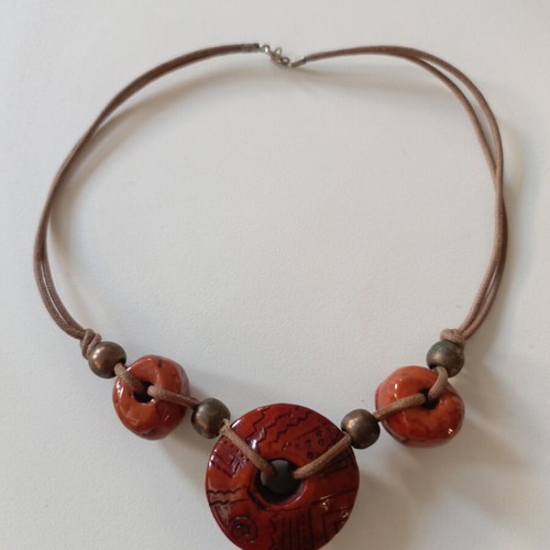 Boho Statement Pendant Necklace like new with terracotta red beads on brown leather cord