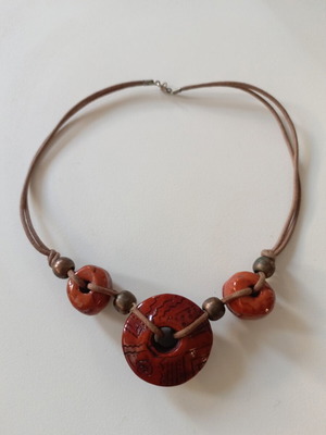 Boho Statement Pendant Necklace like new with terracotta red beads on brown leather cord