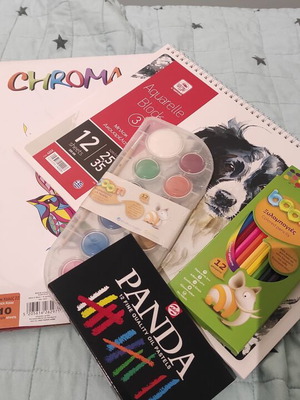 Art supplies set like new with oil pastels, watercolors, colored pencils, and watercolor block
