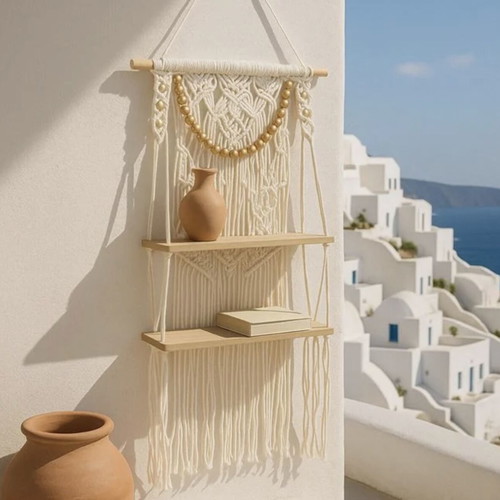 Decorative hanging wooden shelf with macrame design, 2 tiers