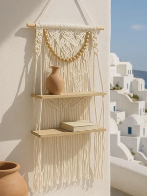 Decorative hanging wooden shelf with macrame design, 2 tiers