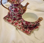 Vintage individual tea set porcelain with gold trim and roses like new