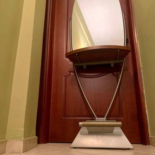 Hair Salon Console Mirrors like new, modern, with wooden shelf and metal base, 2 pcs