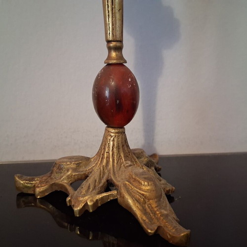 Brass Candlestick with Tripod Base used, detailed decoration