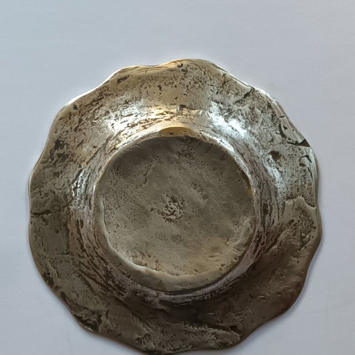Silver-plated ashtray used, cast brass with decorative peacocks