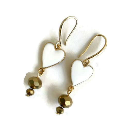 Earrings with white metal hearts and gold crystals, new