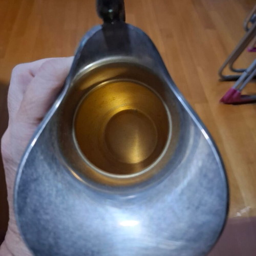 Vintage Lambros Metal Pitcher with Embossed Handle and Classic Curve