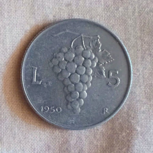 Italian 5 Lire 1950 coin used, aluminum
