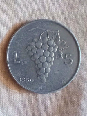 Italian 5 Lire 1950 coin used, aluminum