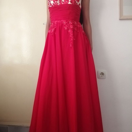 Elegant long red evening dress with floral embroidery and beads, size M