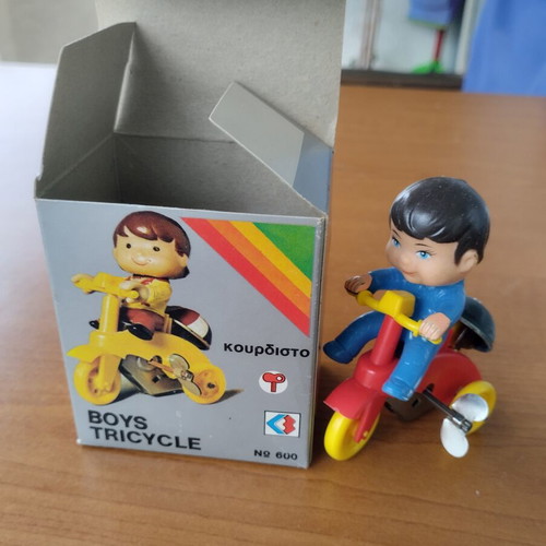 Boys Tricycle wind-up toy new, made in Greece 1980s