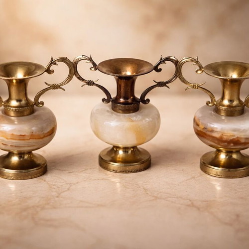 Collectible miniature amphorae like new, onyx and brass 8cm set of 3