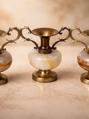 Collectible miniature amphorae like new, onyx and brass 8cm set of 3