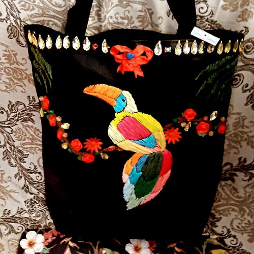 Hand-Embroidered Shoulder Bag black, new