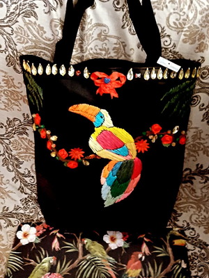 Hand-Embroidered Shoulder Bag black, new