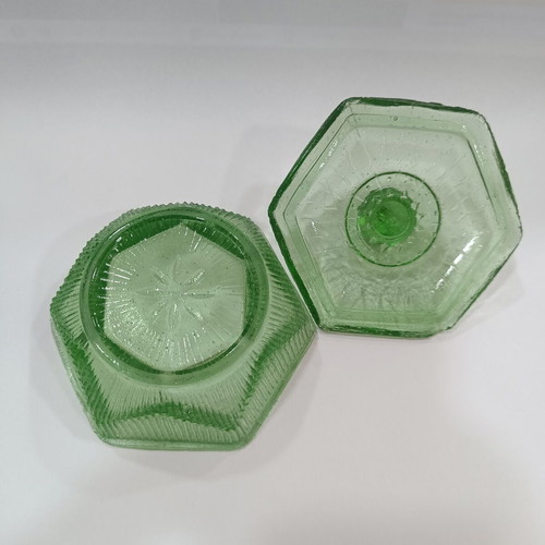 Vintage green pressed glass jewelry box with embossed lid and ridges