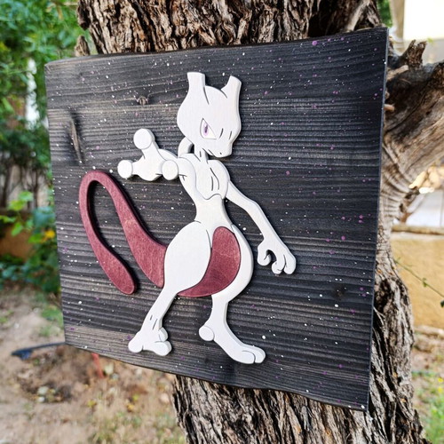 Handmade wooden Mewtwo wall decor, Pokémon, 28x28 cm