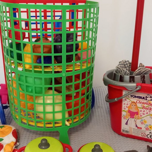 Market cart, mop and cooking utensils used