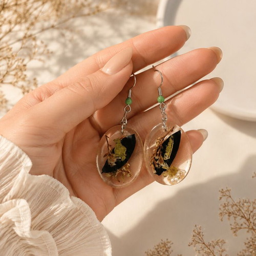 Handmade Resin Earrings Dark Forest with Dried Flowers in Oval Glass