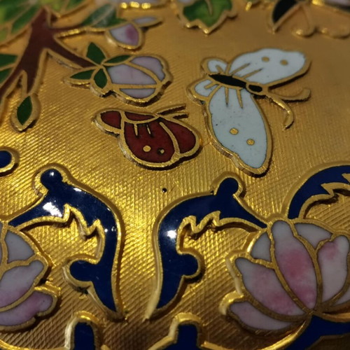 Cloisonne jewelry box used, gold tone with floral motifs and butterflies