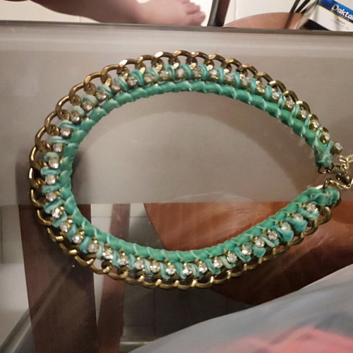 Necklace used with turquoise velvet ribbon and gold chain