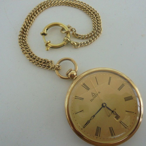 Dugena pocket watch quartz like new, gold color with chain