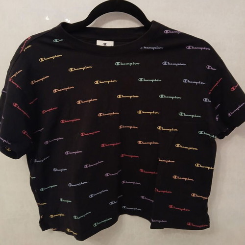 Champion black crop top t-shirt with all-over print, like new, XS/S