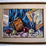  Αυθεντικός πίνακας ζωγραφικής έργο τέχνης ελαιογραφία νεκρή φύση με μπακίρι φρούτα πινέλα κορνίζα