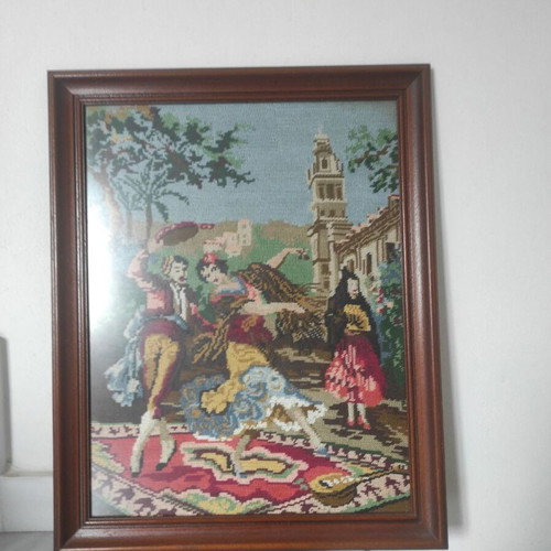 Embroidered paintings used, set of 5 with people, birds, flowers, ducks