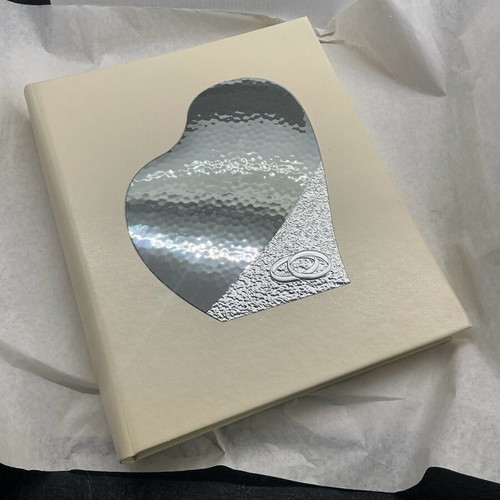 Leather photo album ecru with silver heart and rings design, new