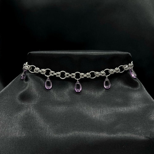 Choker stainless steel with purple glass beads new