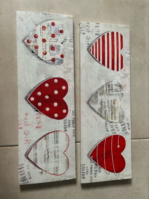 Grey wall art with red hearts polka dot and stripes, set of 2, 60x20, new