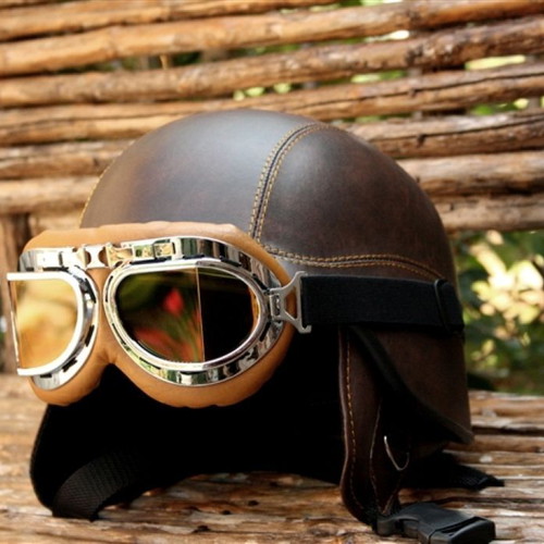Motorcycle helmet brown retro USA army with goggles