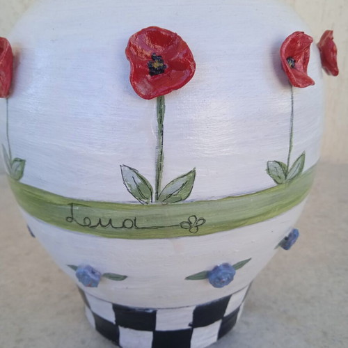 Handmade piggy bank with painted and embossed flowers, clay, new