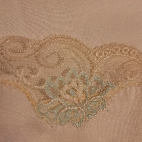 Retro baby doll with delicate lace and embroidered floral details, cream satin, size L, like new