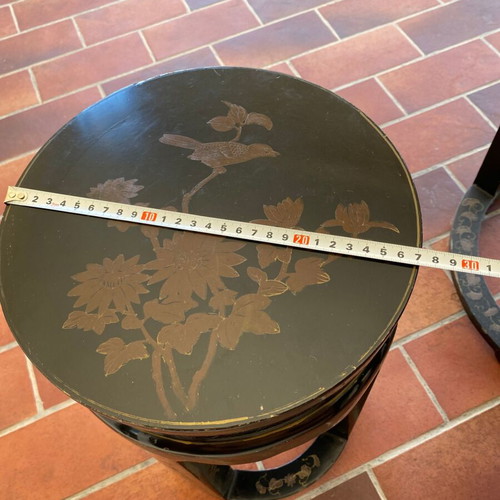 Asian-style nesting vintage coffee tables set used, wood with gold motifs
