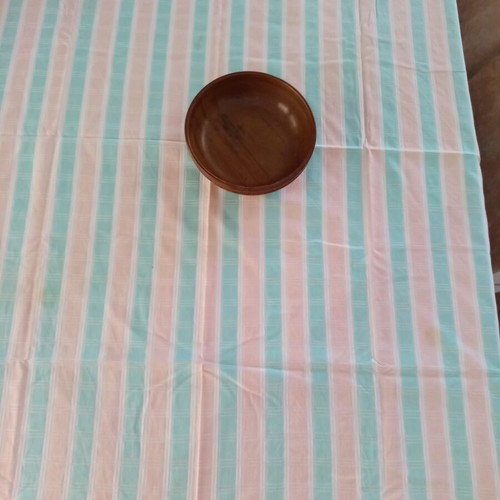 Handmade striped tablecloth used, pastel pink and green, 168x121 cm