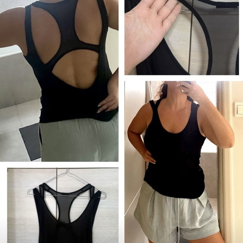 Oysho black cotton open back mesh tank top